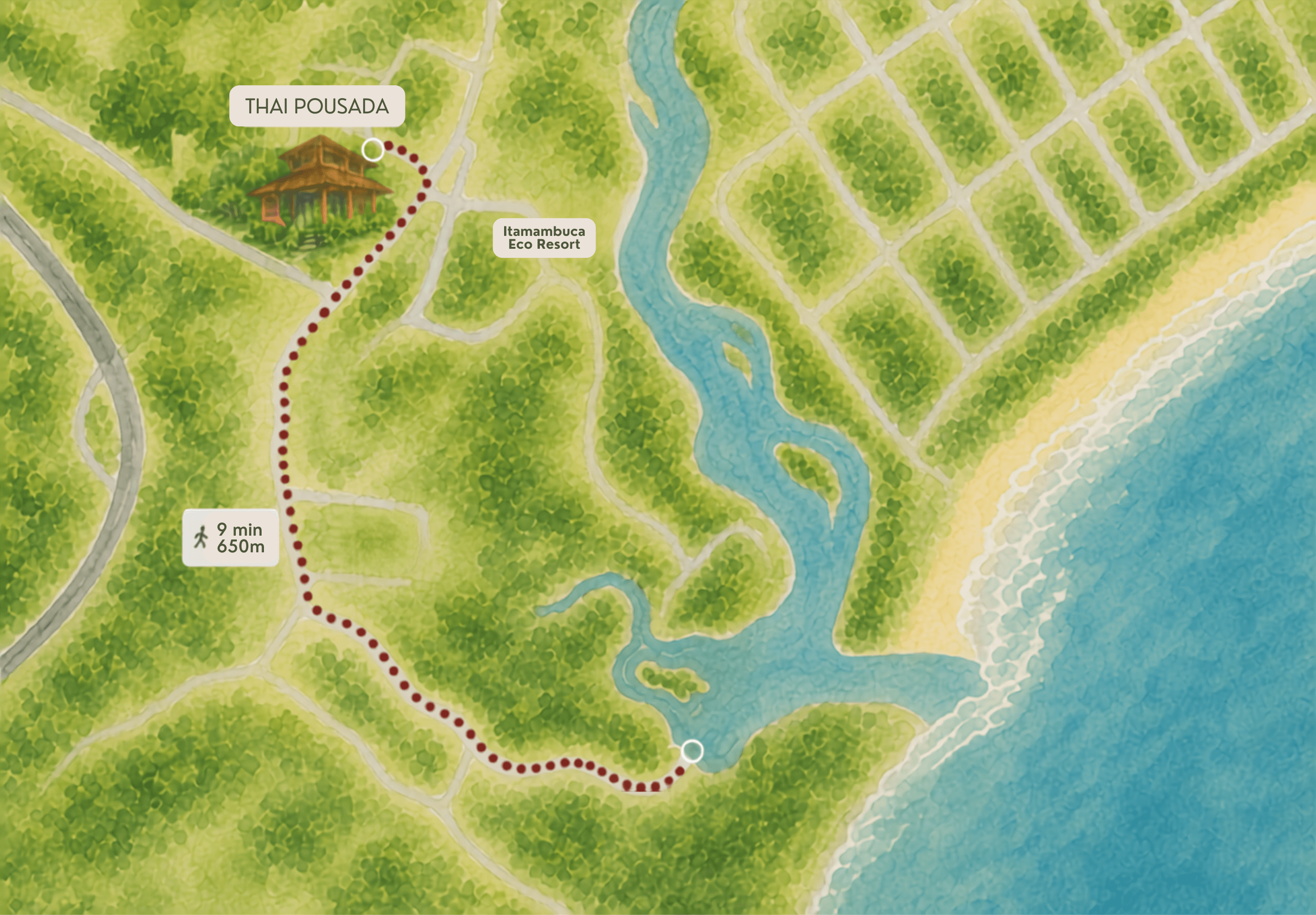 Mapa do trajeto de 650 metros entre a Thai Pousada e a praia de Itamambuca